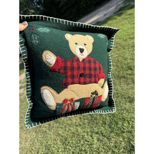 Christmas Teddy Bear Red Plaid Felt Appliqued Winter WOOL GREEN THROW PILLOW